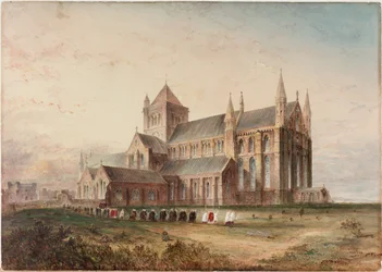 Tynemouth Priory, ulkoa, arvelullinen restaurointi (vartaloväri, kynä ja wc paperilla)