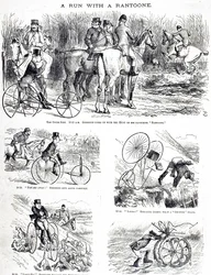 Sarjakuva, joka kuvaa miestä metsästämässä kolmipyörällä. Kuvittanut John Tenniel (1820-1914), englantilainen kuvittaja, graafinen humoristi ja poliittinen sarjakuvapiirtäjä