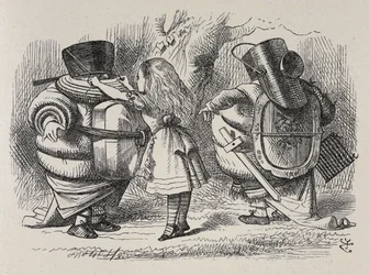 Alice pukee Tweedledeen ja Tweedledumin.