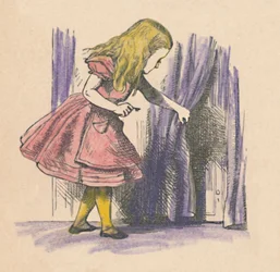 Alice katselee pientä ovea verhon takana, 1889