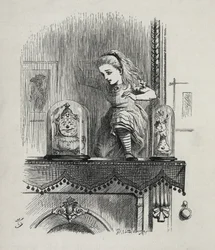 Alice kulkee peilin läpi - Lewis Carrollin "" Alicen seikkailuissa Ihmemaassa ja lasin läpi" -osassa, kuvitus John Tenniel (1820-1914)