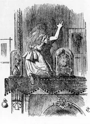 Liisa kulkee peilin läpi - Lewis Carrollin "Liisan seikkailut Ihmemaassa ja lasin läpi", kuvitus John Tenniel (1820-1914)
