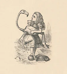 Liisa yrittää pelata krokettia käyttäen flamingoa mailana, 1889
