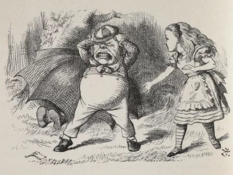 Alice vihaisen Tweedledumin kanssa ja piilossa oleva Tweedledee.