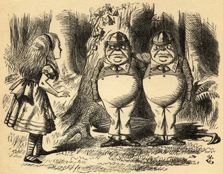 Alice Tweedledumin ja Tweedledeen kanssa. Kuvitus Sir John Tenniel