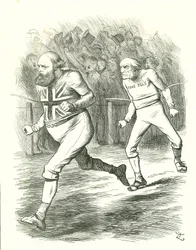 Finish: Yleiset vaalit 1886. Gladstone (liberaali) meni maahan Irlannin kotisääntölakinsa vuoksi. Salisbury (konservatiivinen oppositio) voittaa Gladstonen maaliin asti. John Tenniel sarjakuva Punchista, Lontoosta