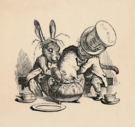 Hullu hatuntekijä ja maaliskuun jänis yrittävät laittaa Dormousea teekannuun, 1889