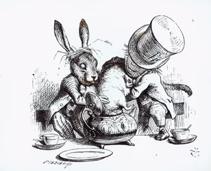 Hullu Hatuntekijä ja Maaliskuun Jänis panevat Unikeon teekannuun, kuvitus Lewis Carrollin teoksesta "Liisan seikkailut ihmemaassa", 1865