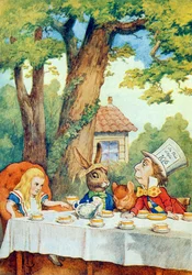 Hullun Hatuntekijän teekutsut, kuvitus Lewis Carrollin (1832-9) Liisa ihmemaassa