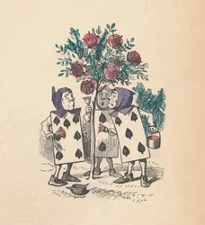 Pelikortit maalaamassa ruusupensaita, 1889