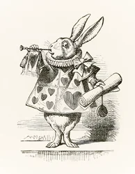 Valkoinen kani trumpetilla ja rullalla, joka julistaa syytöstä, Lewis Carrollin vuonna 1865 julkaistusta "Liisa ihmemaassa"
