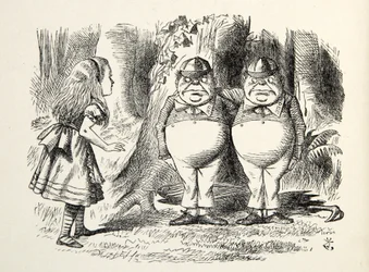 Tweedledum ja Tweedledee, kuvitus teoksesta Through the Looking Glass, Lewis Carroll (1832 - 98), 1872