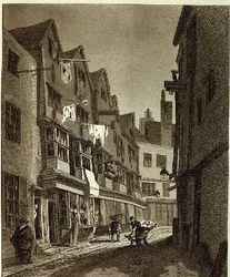 "Näkymä Thieving Lanen (viime vuosina nimeltään Bow Street) eteläosasta...", piirretty 1807, kaiverrettu W.M. Fellowsin toimesta, pub. 1807 (kaiverrus)