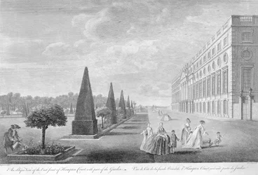 Vino näkymä Hampton Courtin itärintamalta ja osa puutarhaa, n. 1744