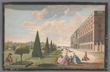 Näkymä Hampton Court Palacesta Lontoossa idästä katsottuna Vino perspektiivinäkymä Hampton Courtin itärintamalta, pitkä kävelymatka ja osa puutarhaa (otsikko esineessä)