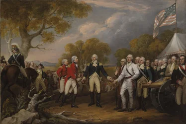 Saratogan taistelu, brittiläinen kenraali John Burgoyne antautumassa amerikkalaiselle kenraalille, Horatio Gates, 17. lokakuuta 1777, n. 1822-32