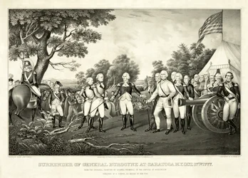 Kenraali Burgoynen antautuminen Saratogassa, N.Y., 17. lokakuuta 1777, pub. N. Currier