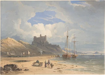Bamburghin linna koillisesta nähtynä, Holy Island etäällä, Northumberland