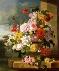 Kukkien asetelma maljakossa (mm. narsissit, ruusut, tulppaanit ja esikot). John Wainewrightin (s. 1800-luku) maalaus. Yksityiskokoelma.