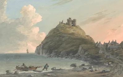 Cricciethin linnan rauniot ja osa kaupunkia Cardiganin lahden rannalla. East View, Caernarfonshire