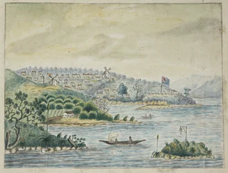 Lisätä. 13880, f.79 Näkymä Britannian siirtomaasta. Etualalla alkuasukkaat kanootissa, Minerva-kuljetuksessa pidetystä Journalista Irlannista Uuteen Etelä-Walesiin ja Bengaliin, kirjoittanut John Washington Price