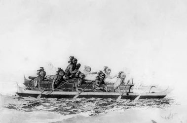 Naamioituneet havaijilaiset tuplakanootissa, c1770-1793.