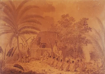 Tarjoukset kapteeni James Cookille, kaiverrus John Webber, Polynesia 17th Century.