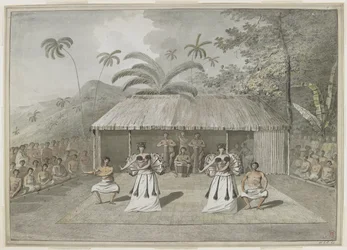 [Koko piirustus] Tanssi tai heiva Otaheitellä [Tahiti]. Kaksi miestä ja kaksi naista tanssivat, takana rumpali ja katsojia molemmilla puolilla. syyskuuta 1777