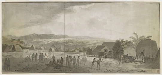 [Koko piirustus] Piirros kapteeni Cookin vierailusta Waimean kylään Atooissa [Kauai] tammikuussa 1778. Jotkut miehet pyörittävät tynnyreitä, toiset käyvät kauppaa havaijilaisten kanssa. Oikealla kaksi alkuperäisasukkaa, jotka kantoivat sikaa tankoon. Niide