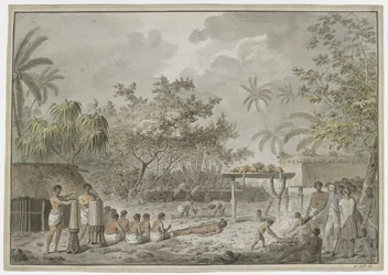 [Koko piirustus] Ihmisuhri suurella morailla Attahouroossa [Utuaimahuraussa] Tahitissa, kapteeni Cook todistajana 1. syyskuuta 1777. Sidottu hahmo etualalla, miehet kaivamassa kuoppaa ruumiille takana ja whatta sisältää kaksi koiraa ja thr