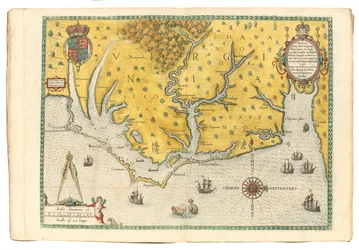 Virginian kartta, jossa näkyy Sir Walter Raleighin retkikunnan saapuminen vuosina 1585, 1590