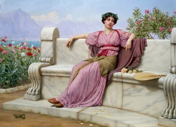 "Tranquillity" Antiikkiseen muotiin pukeutunut nuori nainen istuu marmoripenkillä puutarhassa, unenomainen katse silmissään. John William Godwardin (1861-1922) maalaus.