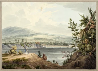 Hudson-joen silta lähellä Waterfordia, New Yorkissa, 1832 (akvarelli, guassi, selektiivinen lasitus, grafiitti ja raapiminen kortille asetettuun paperiin)