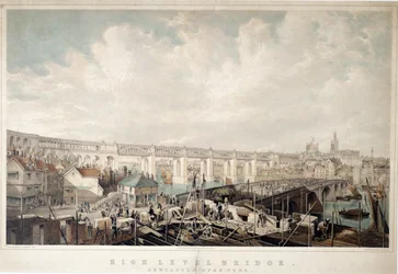 High Level Bridge, Newcastle upon Tyne, kaiverrus George Hawkins (1819-52) (käsin värjätty litho)