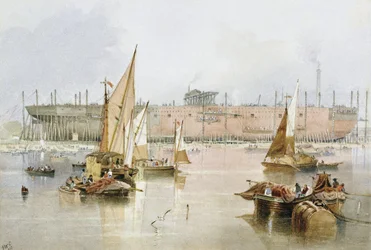 Atlantin ylittävä linjalaiva "Great Eastern" vuonna 1857 Millwallissa Thamesin varrella (Englanti), ennen kuin sen rakentaminen saatiin päätökseen.