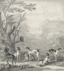 Hounds in a Landscape (grafiitti, kynä, ruskea muste ja harmaa pesuaine)