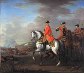 Kuningas Yrjö II (1683-1760) Dettingenin taistelussa Cumberlandin herttuan ja Robertin, Holdernessin 4. jaarlin kanssa, 27. kesäkuuta 1743, n. 1743