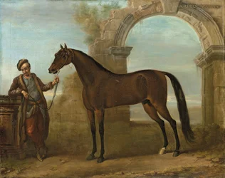 Godolphin Arabien, sulhanen hallussa, maisemassa, jossa on raunioitu kaari, 1731