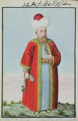 Amurath (Murad) II (1404–1451) Sulttaani 1421–1451, teoksesta ”Sarja Turkin keisarien muotokuvia”