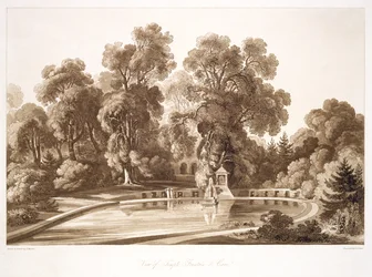 Näkymä temppelin suihkulähteelle ja luolalle, Sezincote, kaiverrettu Frederick Christian Lewis Snr. (1779-1856), n. 1817-18 (seepiaakvatinta) (katso myös 171663)
