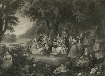 Piknik heinäkuun neljäntenä päivänä, n. 1864 (kaiverrus sekamenetelmällä)