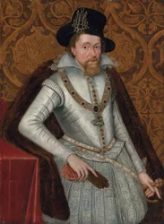 Muotokuva Englannin kuningas Jaakko I:stä ja Skotlannin kuningas Jaakko VI:sta (1566-1625), kolmen neljäsosan kuvana, yllään valkoinen röijy, jossa on pitsikaulus, jalokivin koristellut housut ja turkisviitta, sekä Greater George, päässään jalokivellä