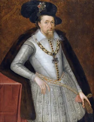 Jacques VI et Ier - Jacques Stuart - Englannin kuninkaan James I:n (1566-1625) muotokuva John De Critzistä (Decritz), vanhin (1551/2-1642), 1700-luvun alku. - Öljy puulle