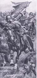 Luutnantti John Smith ottamassa takaisin kuninkaan lipun Edgehillissä, 23. lokakuuta 1642, kuva brittiläisistä taisteluista maalla ja merellä, 1915