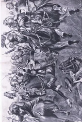 Marston Moor, 2. heinäkuuta 1644: Leslien johtama skotlantilainen ratsuväki hyökkää prinssi Rupertin sivustaan, kuvitus teoksesta British Battles on Land and Sea, 1915