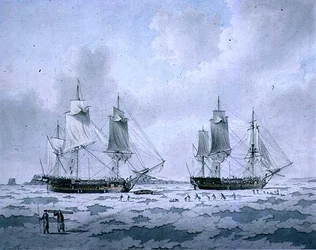 Ships of Lord Mulgraves Expedition of Discovery upotettuna Iceen napa-alueilla