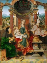 Varhainen hollantilainen taide : Madonna ja lapsi Pyhän Joosefin kanssa (siipialttari, keskustaulu) par Cleve, Joos van (n. 1485-1540), n. 1530. Öljy puulle, 94,5x70. Taidehistoriallinen museo, Vienne