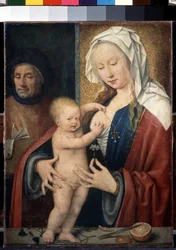 ""Pyhä perhe"" (Pyhä perhe) Jeesus-lapsi leikkii äitinsä rinnalla. Joos van Cleven (Cleef) maalaus (noin 1485-1540) 1500-luku Koko 42,5x31,5 cm Pietari. Eremitaaši museo