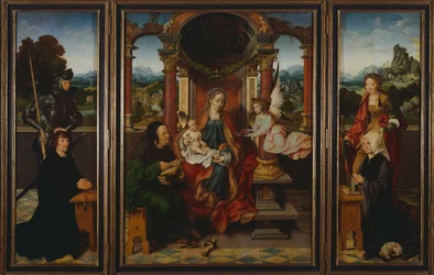 Pyhä perhe, noin 1530, kirjoittanut Joos Van Cleve (1485-1540), triptyykki. Belgia
