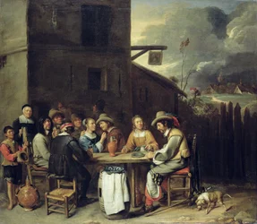 Seuralaiset karsoivat tavernan edessä, 1640-50